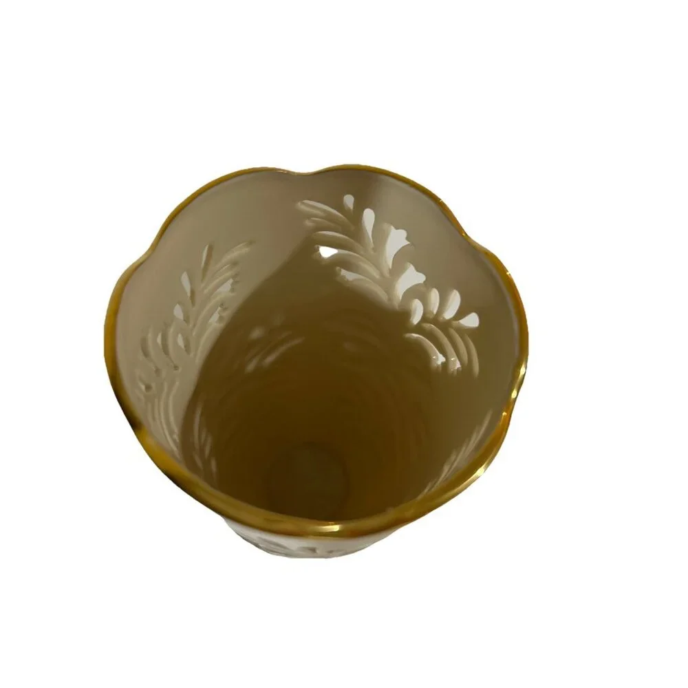 Lenox Westbury Vase  Embossed Leaf Pierced Cutout Ivory Gold Trim 6 7/8